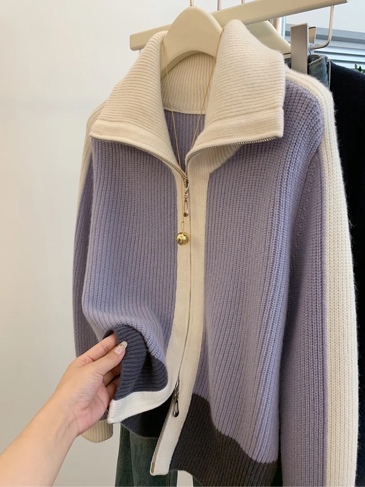 Autumn Winter New Lapel Thicken Turtleneck Sweater Causal Versatile Lazy Style Long Sleeve Zipper Coat Fashion Knit Cardigan