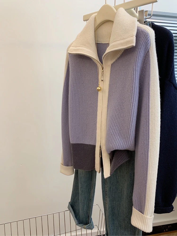 Autumn Winter New Lapel Thicken Turtleneck Sweater Causal Versatile Lazy Style Long Sleeve Zipper Coat Fashion Knit Cardigan