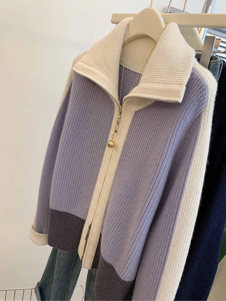 Autumn Winter New Lapel Thicken Turtleneck Sweater Causal Versatile Lazy Style Long Sleeve Zipper Coat Fashion Knit Cardigan