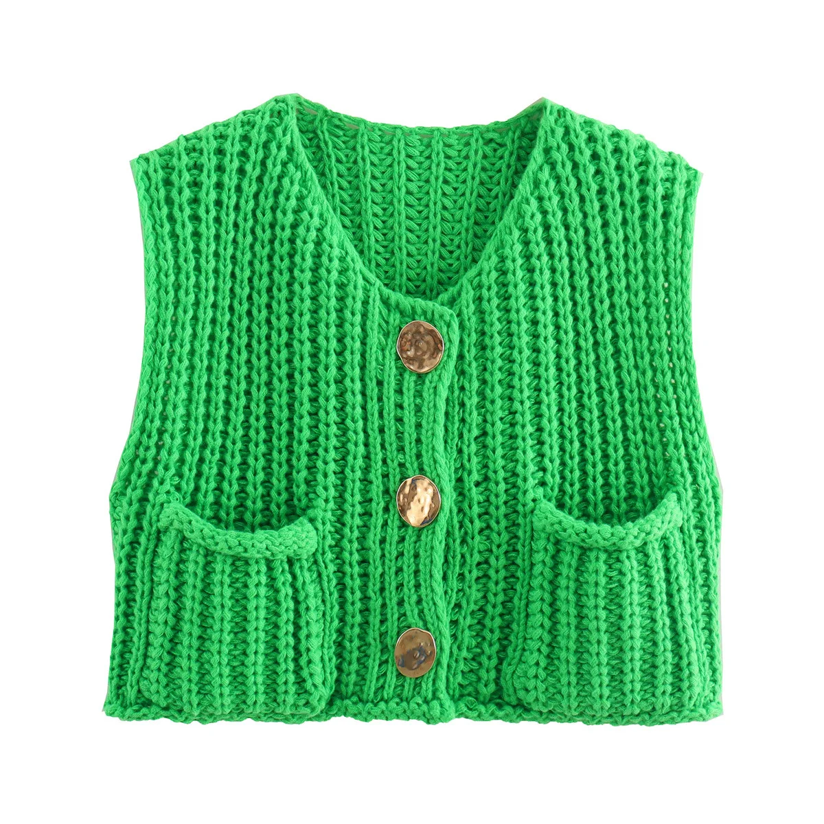 2025 Fall Clothes Korean Fashion Sweater Vests Women V Neck Blue Button-Up Front Pockets Sleeveless Cable Knit Cardigan Vest Red