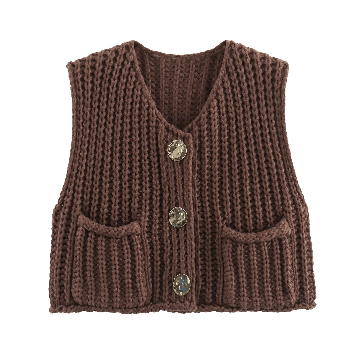 2025 Fall Clothes Korean Fashion Sweater Vests Women V Neck Blue Button-Up Front Pockets Sleeveless Cable Knit Cardigan Vest Red