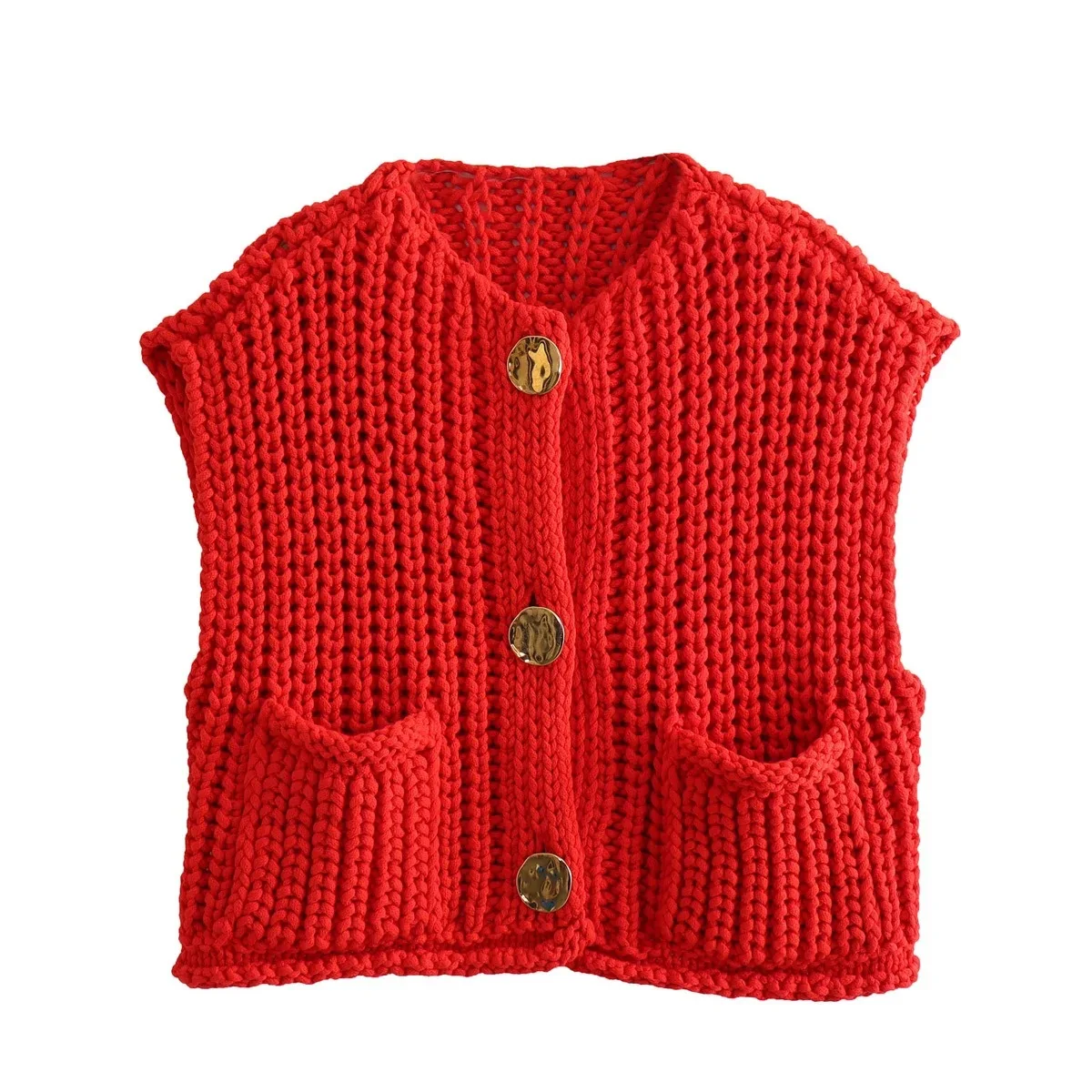 2025 Fall Clothes Korean Fashion Sweater Vests Women V Neck Blue Button-Up Front Pockets Sleeveless Cable Knit Cardigan Vest Red