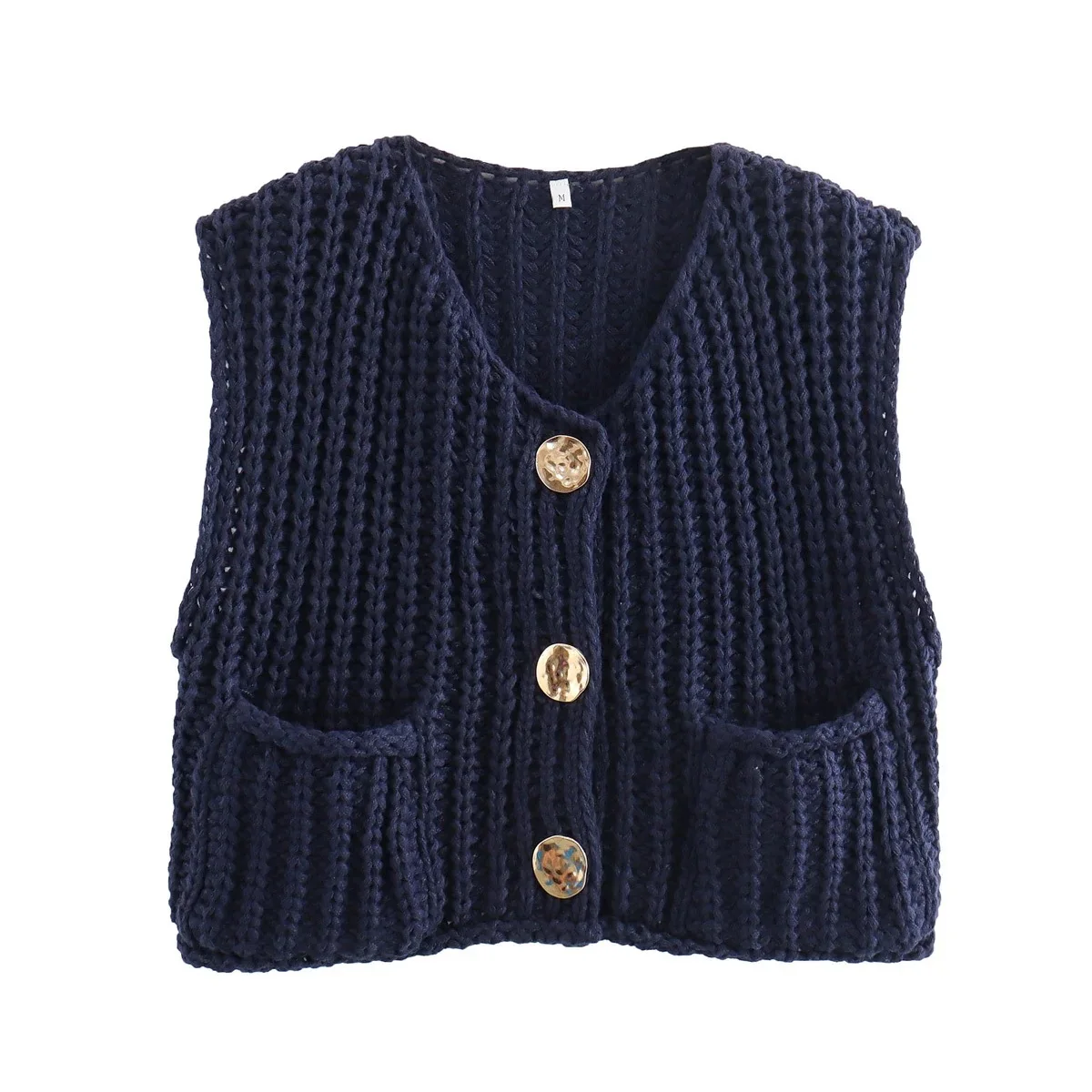 2025 Fall Clothes Korean Fashion Sweater Vests Women V Neck Blue Button-Up Front Pockets Sleeveless Cable Knit Cardigan Vest Red