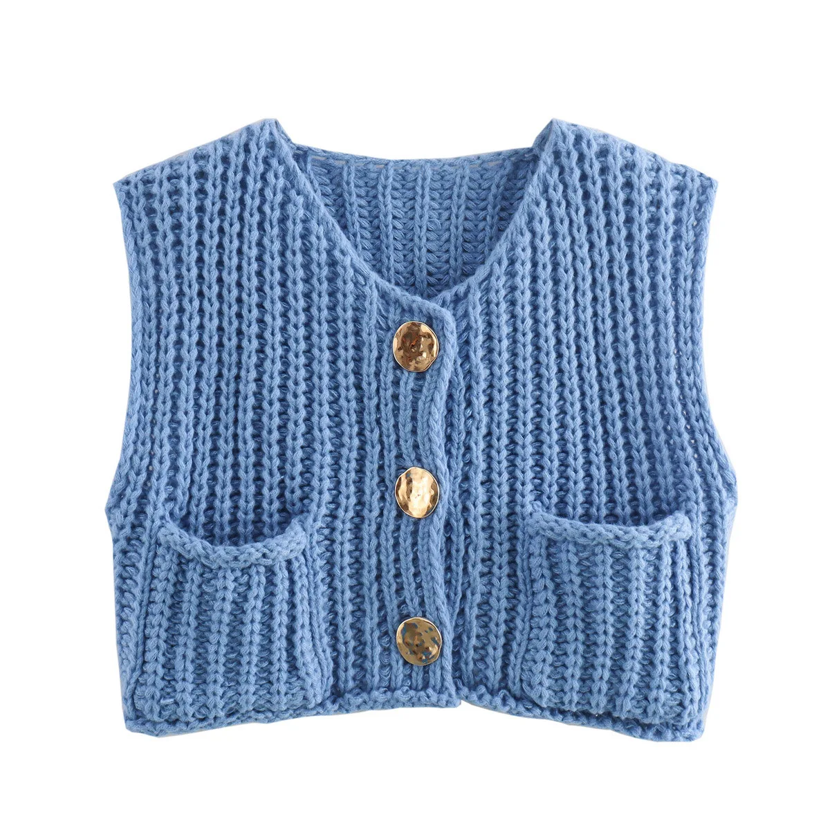 2025 Fall Clothes Korean Fashion Sweater Vests Women V Neck Blue Button-Up Front Pockets Sleeveless Cable Knit Cardigan Vest Red