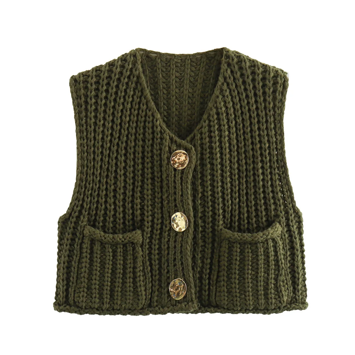 2025 Fall Clothes Korean Fashion Sweater Vests Women V Neck Blue Button-Up Front Pockets Sleeveless Cable Knit Cardigan Vest Red