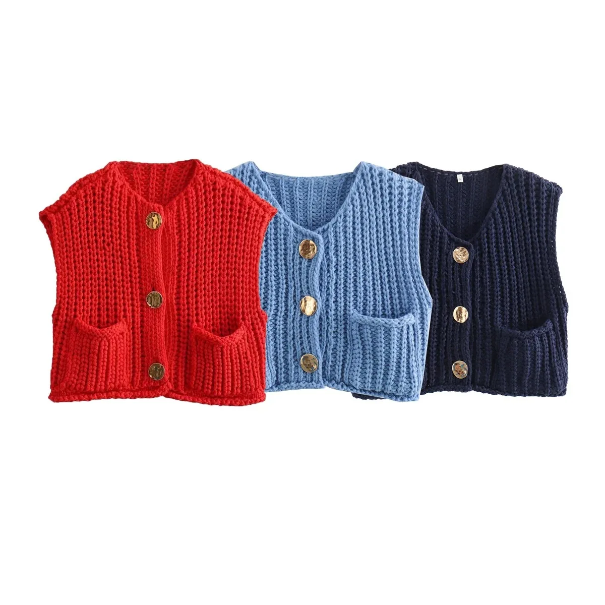 2025 Fall Clothes Korean Fashion Sweater Vests Women V Neck Blue Button-Up Front Pockets Sleeveless Cable Knit Cardigan Vest Red