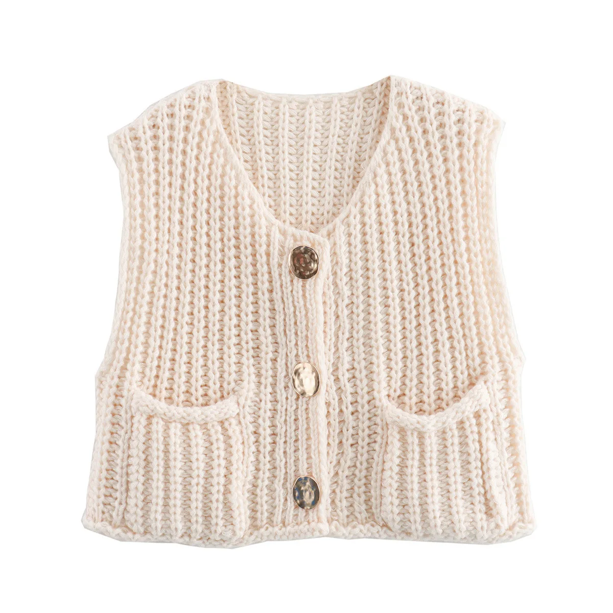 2025 Fall Clothes Korean Fashion Sweater Vests Women V Neck Blue Button-Up Front Pockets Sleeveless Cable Knit Cardigan Vest Red