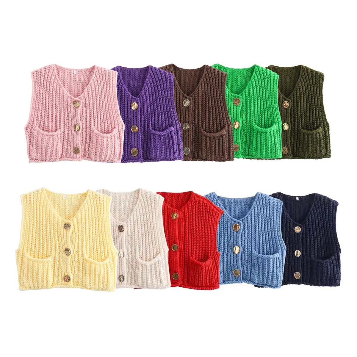 2025 Fall Clothes Korean Fashion Sweater Vests Women V Neck Blue Button-Up Front Pockets Sleeveless Cable Knit Cardigan Vest Red