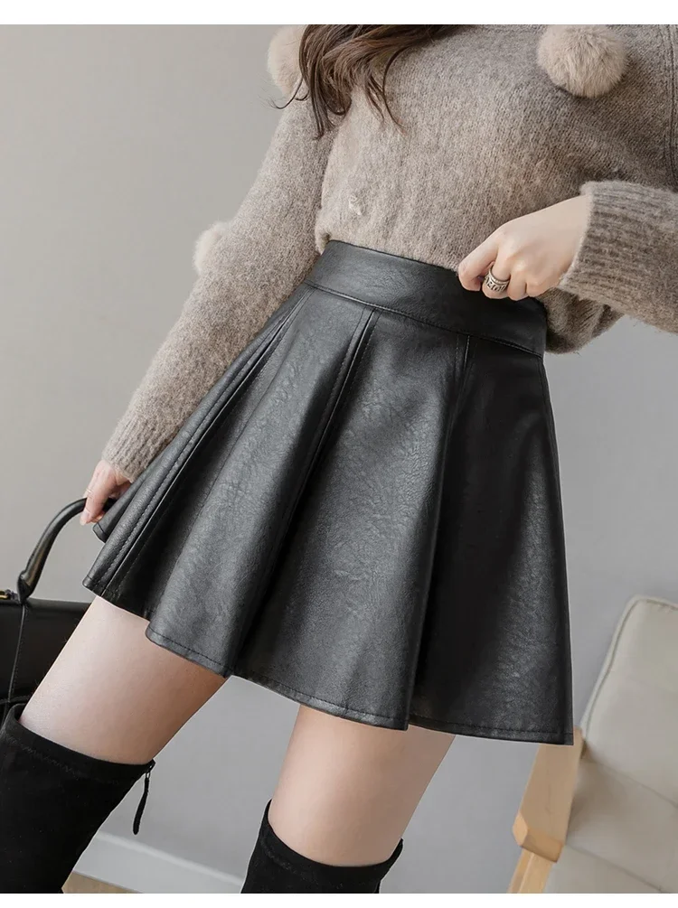 Autumn Fashion Women's Solid Color PU Pleated Skirts Winter Slim Fit High Waisted Unique Zippered Women Mini Leather Skirt