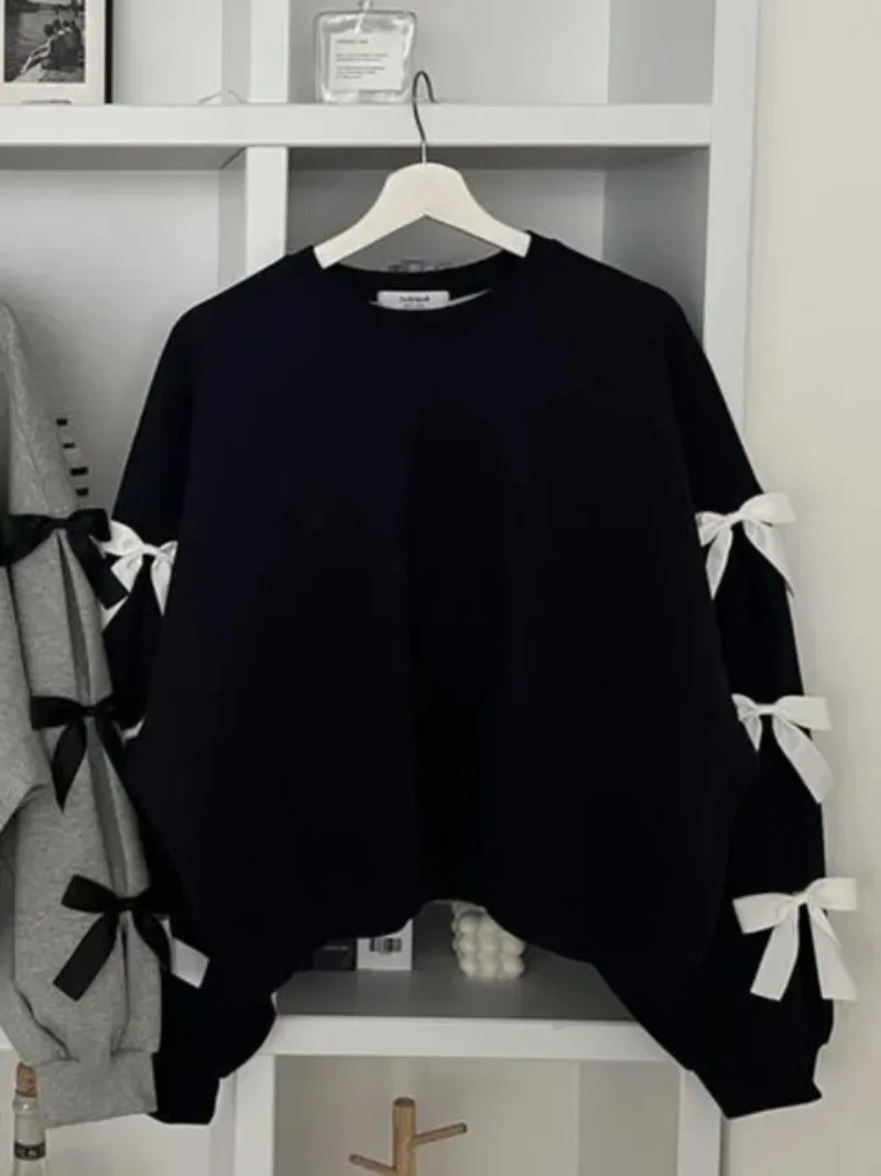 Women New Fashion Bow Long Sleeve Hoodie Ladies Korea Chic Casual Loose Crewneck Sweatshirt Short Tops Pullovers