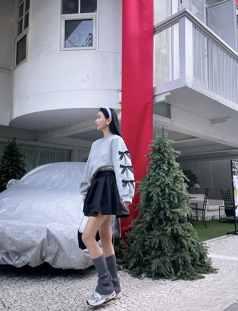 Women New Fashion Bow Long Sleeve Hoodie Ladies Korea Chic Casual Loose Crewneck Sweatshirt Short Tops Pullovers