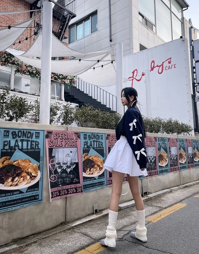 Women New Fashion Bow Long Sleeve Hoodie Ladies Korea Chic Casual Loose Crewneck Sweatshirt Short Tops Pullovers