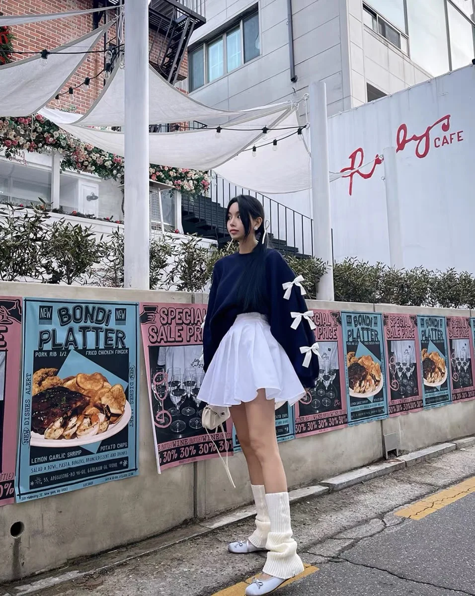 Women New Fashion Bow Long Sleeve Hoodie Ladies Korea Chic Casual Loose Crewneck Sweatshirt Short Tops Pullovers