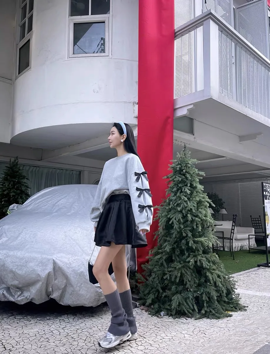 Women New Fashion Bow Long Sleeve Hoodie Ladies Korea Chic Casual Loose Crewneck Sweatshirt Short Tops Pullovers