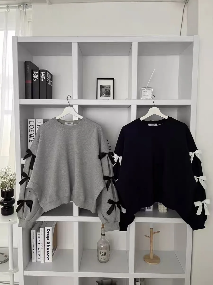 Women New Fashion Bow Long Sleeve Hoodie Ladies Korea Chic Casual Loose Crewneck Sweatshirt Short Tops Pullovers