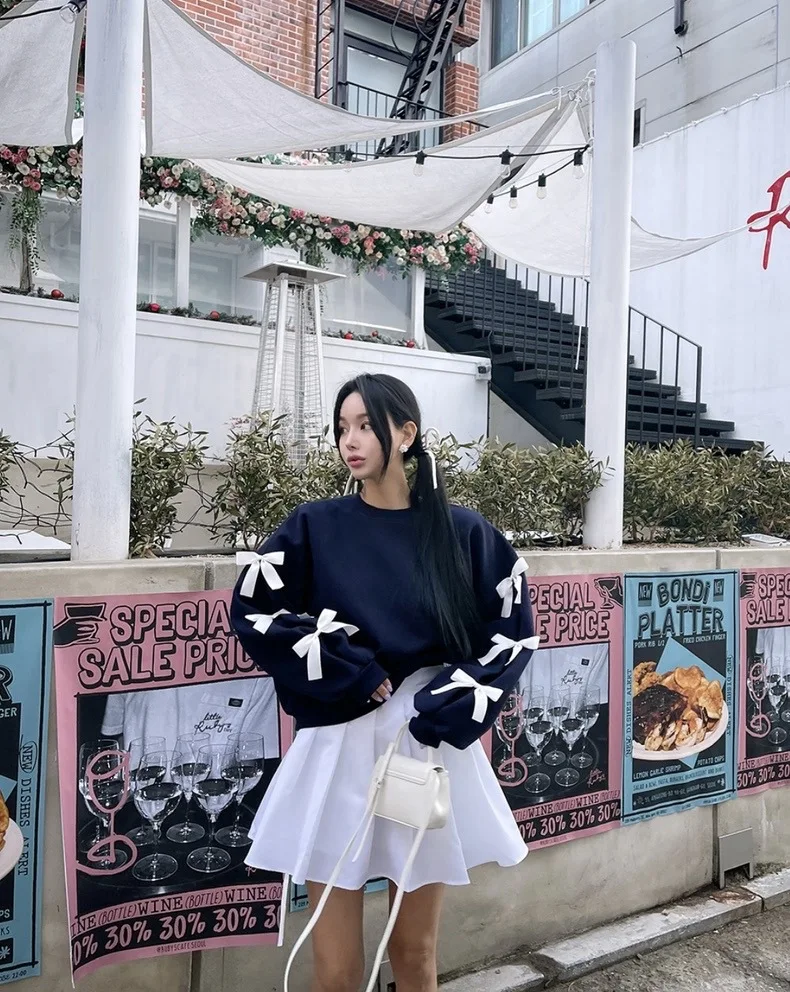 Women New Fashion Bow Long Sleeve Hoodie Ladies Korea Chic Casual Loose Crewneck Sweatshirt Short Tops Pullovers