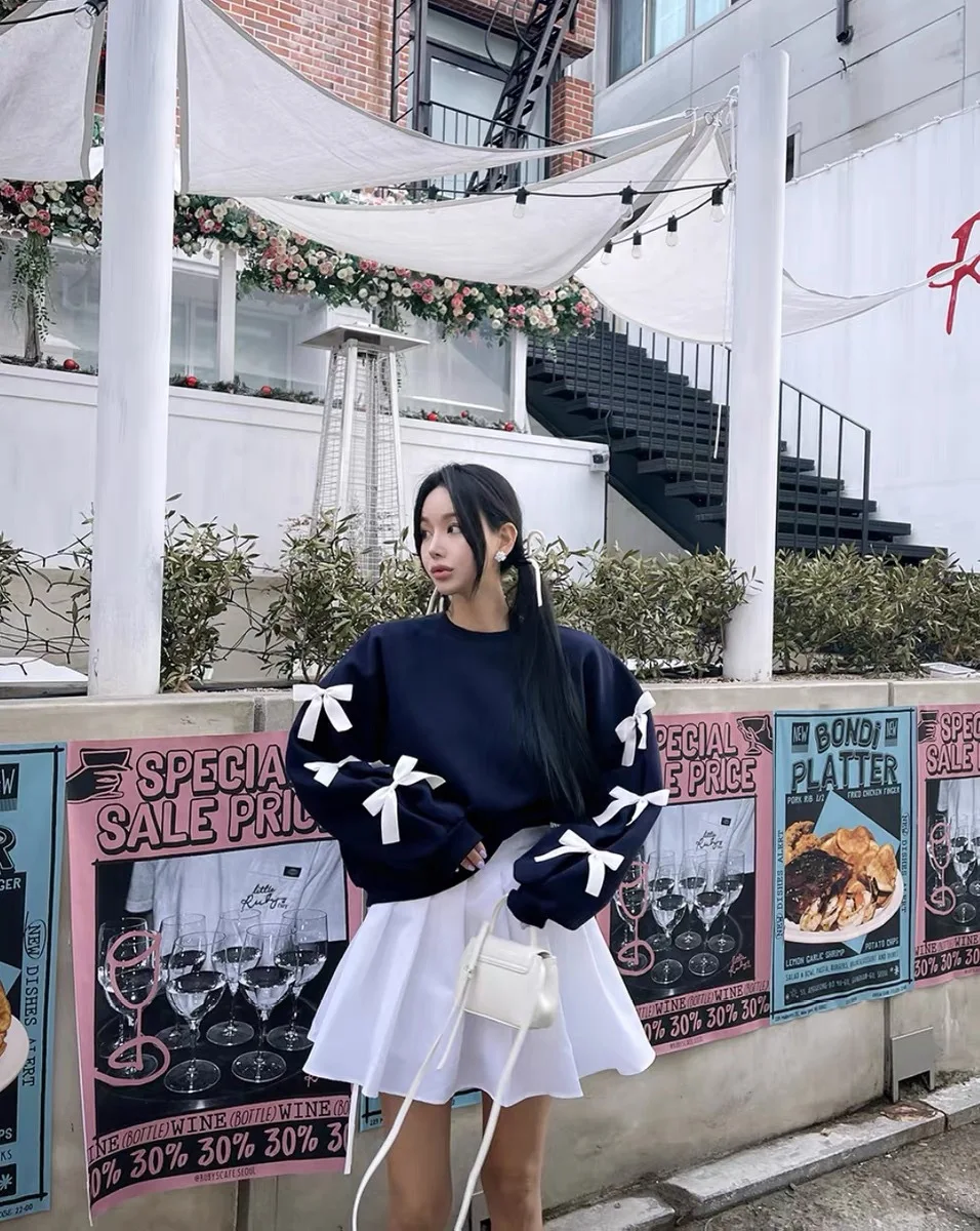 Women New Fashion Bow Long Sleeve Hoodie Ladies Korea Chic Casual Loose Crewneck Sweatshirt Short Tops Pullovers