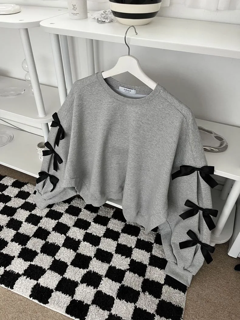 Women New Fashion Bow Long Sleeve Hoodie Ladies Korea Chic Casual Loose Crewneck Sweatshirt Short Tops Pullovers