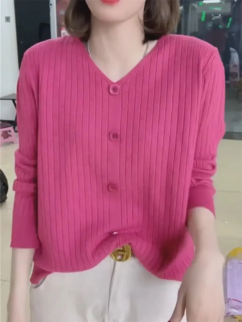 2025 NEW Spring Women Sweater 5XL Large Size Loose V-Neck Pullover Korean Elegant Knitted Sweater Female All-Match Solid Sweater