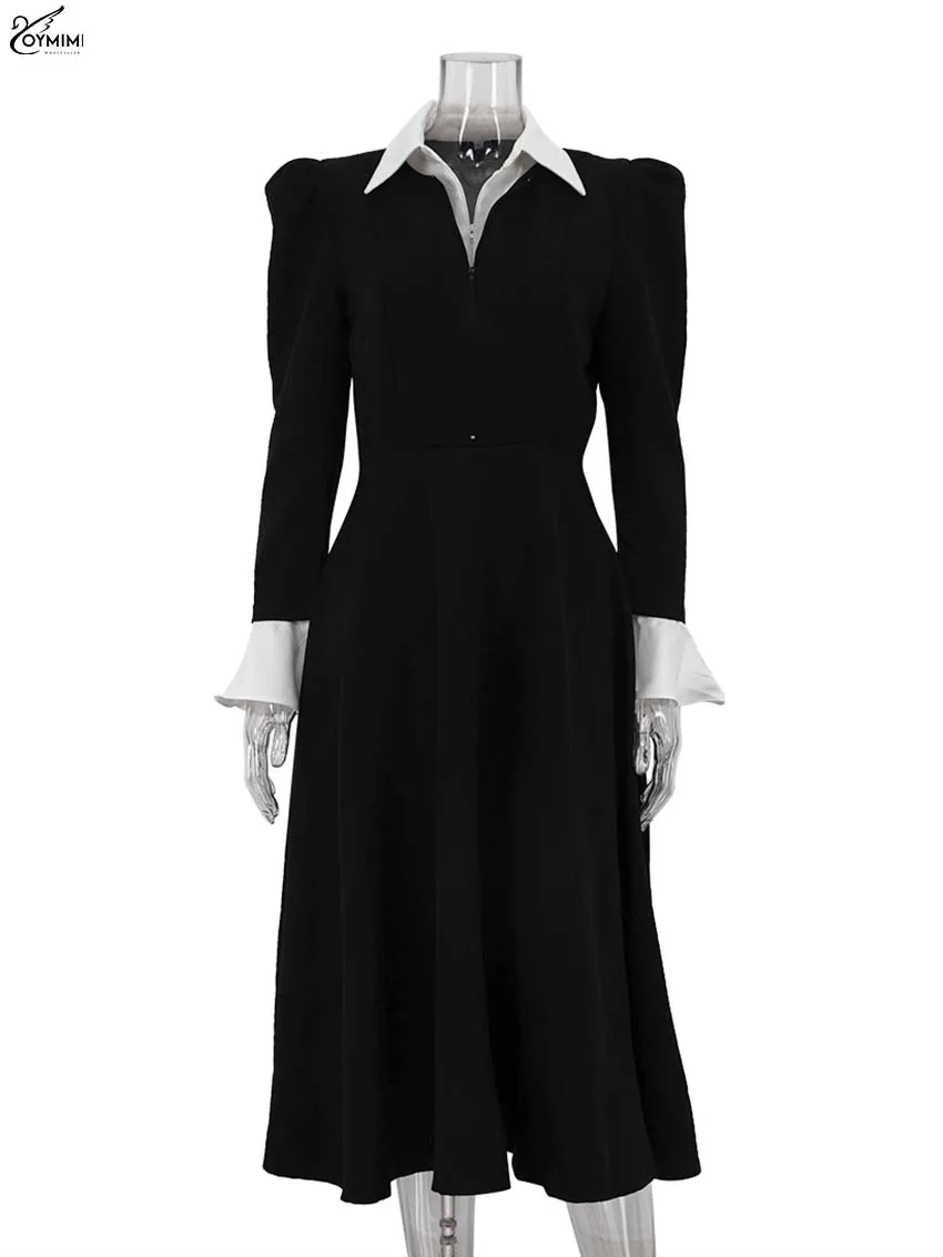 Oymimi Elegant Blue Cotton Womens Dresses Fashion Lapel Short Sleeve Button Dresses Autumn New High Waisted Pleated Mini Dress
