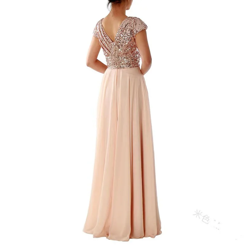 Women Banquet Long Dresses Spring Summer Deep V-Neck Luxury Sequins Slim Fit Chiffon Panels Elegant Party Evening