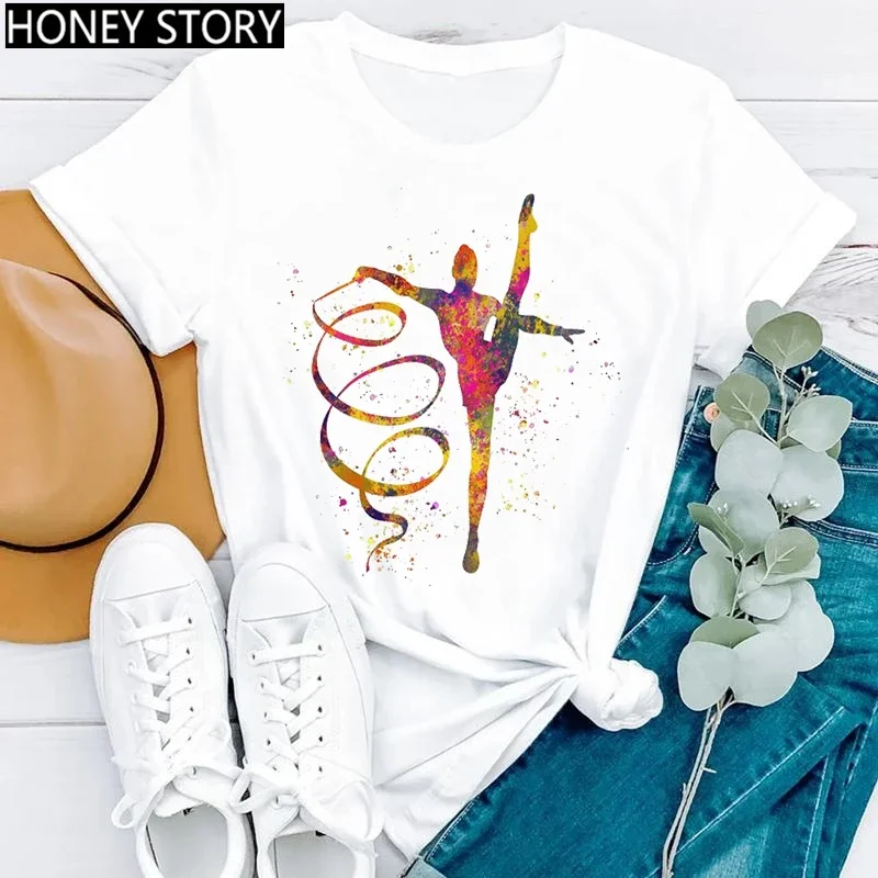 Gymnastics Ballerina Dancer T Shirt Watercolor Gymnastic Ballet Dancer Print T-shirt Women Graphic Tshirts Aesthetic Clothes