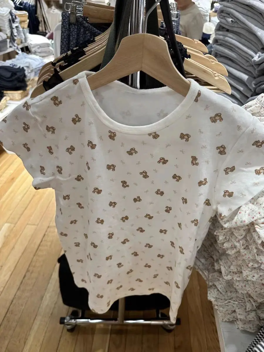 Little Bear Bow Print T-shirt Shorts 2 Pieces Set Women O-neck Slim Tee Elastic Waist Straight Short Pant Sweet Home Pajama Sets