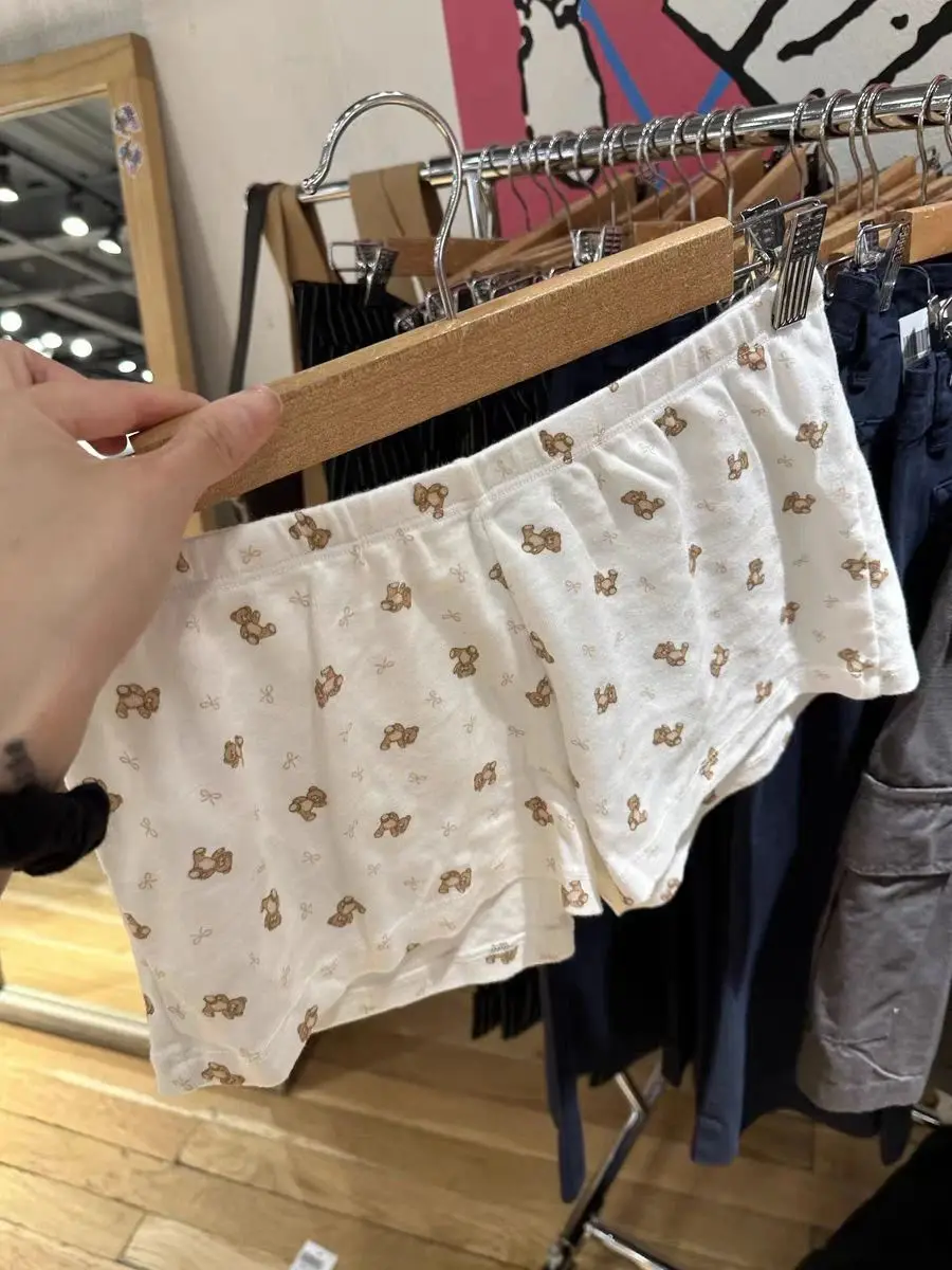 Little Bear Bow Print T-shirt Shorts 2 Pieces Set Women O-neck Slim Tee Elastic Waist Straight Short Pant Sweet Home Pajama Sets