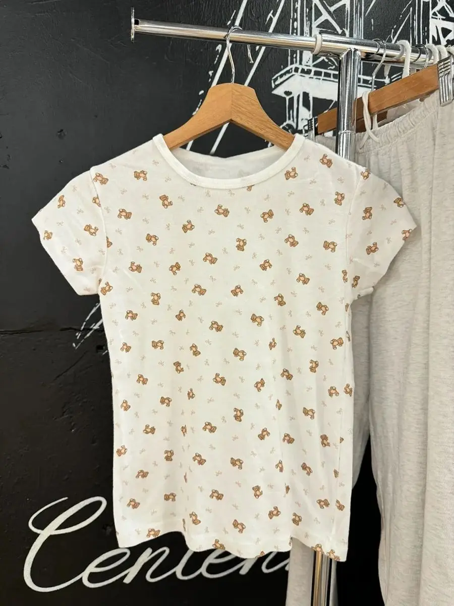Little Bear Bow Print T-shirt Shorts 2 Pieces Set Women O-neck Slim Tee Elastic Waist Straight Short Pant Sweet Home Pajama Sets