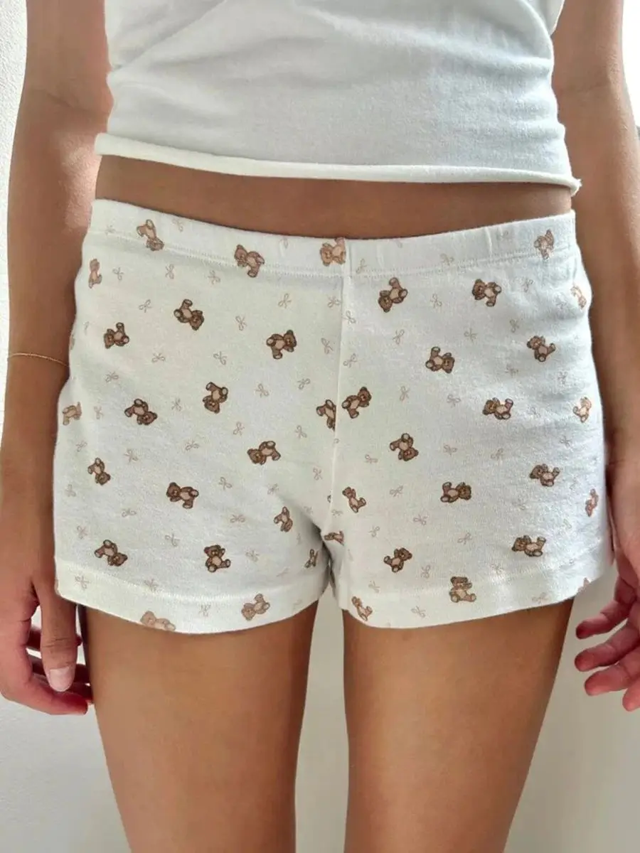 Little Bear Bow Print T-shirt Shorts 2 Pieces Set Women O-neck Slim Tee Elastic Waist Straight Short Pant Sweet Home Pajama Sets