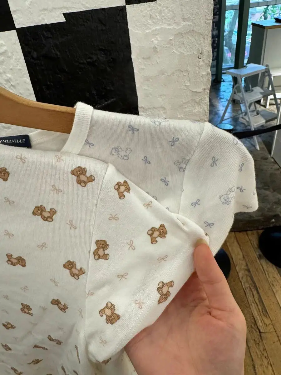 Little Bear Bow Print T-shirt Shorts 2 Pieces Set Women O-neck Slim Tee Elastic Waist Straight Short Pant Sweet Home Pajama Sets