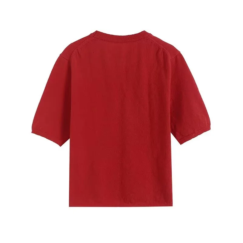 KEYANKETIAN 2024 New Launch Women's Red Short Sleeve Knit Top Summer American Retro Basic O-Neck Slim Light Sweater Crop Top
