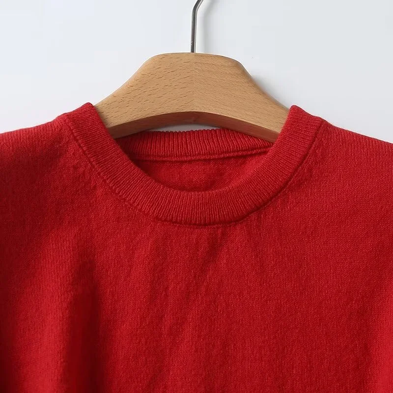 KEYANKETIAN 2024 New Launch Women's Red Short Sleeve Knit Top Summer American Retro Basic O-Neck Slim Light Sweater Crop Top