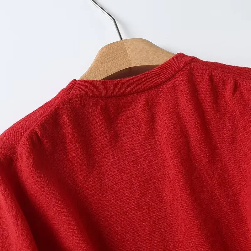 KEYANKETIAN 2024 New Launch Women's Red Short Sleeve Knit Top Summer American Retro Basic O-Neck Slim Light Sweater Crop Top