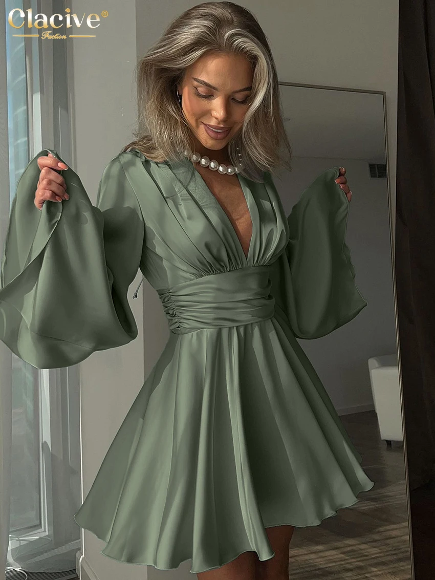 Clacive Fashion Loose Green Satin Women Dress 2024 Sexy V-Neck Long Sleeve Mini Dresses Elegant Classic High Waist Female Dress