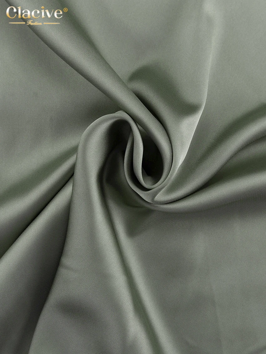 Clacive Fashion Loose Green Satin Women Dress 2024 Sexy V-Neck Long Sleeve Mini Dresses Elegant Classic High Waist Female Dress