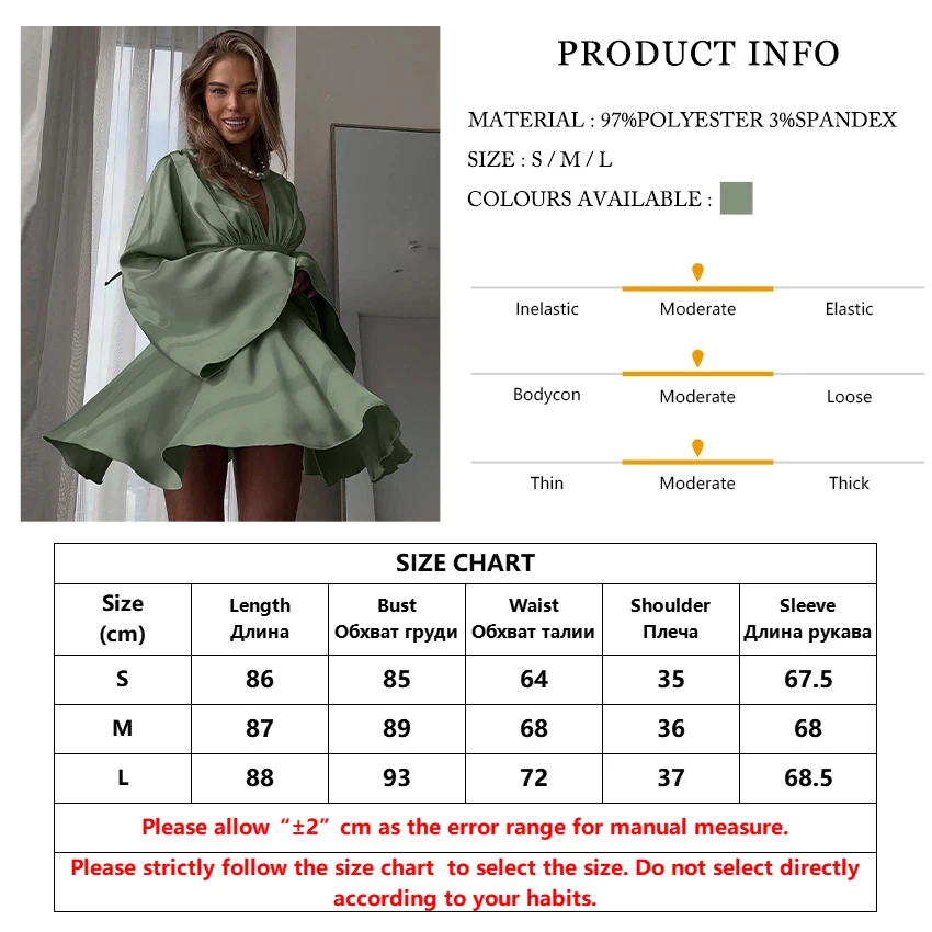 Clacive Fashion Loose Green Satin Women Dress 2024 Sexy V-Neck Long Sleeve Mini Dresses Elegant Classic High Waist Female Dress