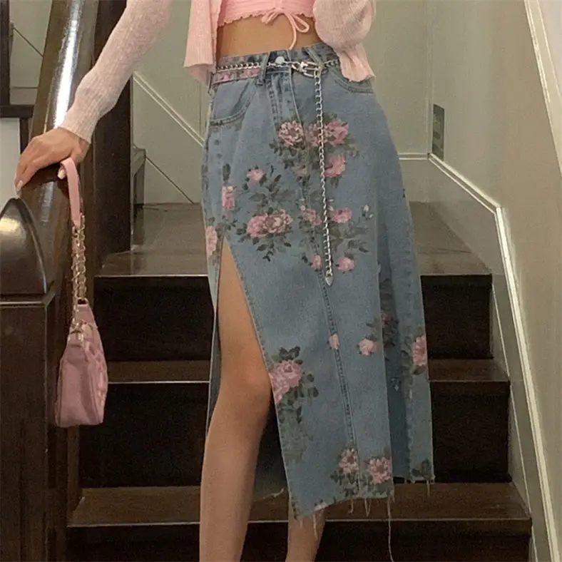 Streetwear Vintage Flowers Print Long Denim Skirts Summer 2021 High Waist Slim Sexy Open Split Straight Skirt Jeans Saias Female