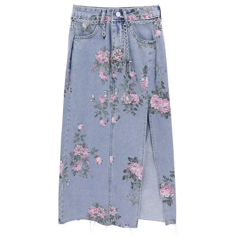 Streetwear Vintage Flowers Print Long Denim Skirts Summer 2021 High Waist Slim Sexy Open Split Straight Skirt Jeans Saias Female