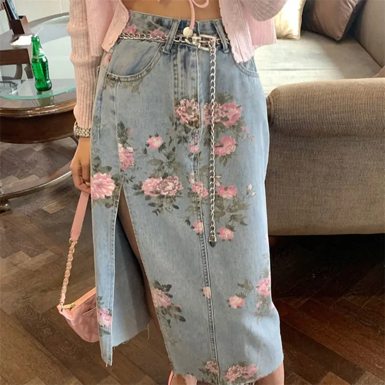 Streetwear Vintage Flowers Print Long Denim Skirts Summer 2021 High Waist Slim Sexy Open Split Straight Skirt Jeans Saias Female