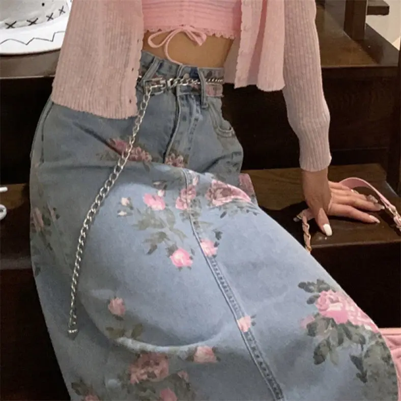 Streetwear Vintage Flowers Print Long Denim Skirts Summer 2021 High Waist Slim Sexy Open Split Straight Skirt Jeans Saias Female