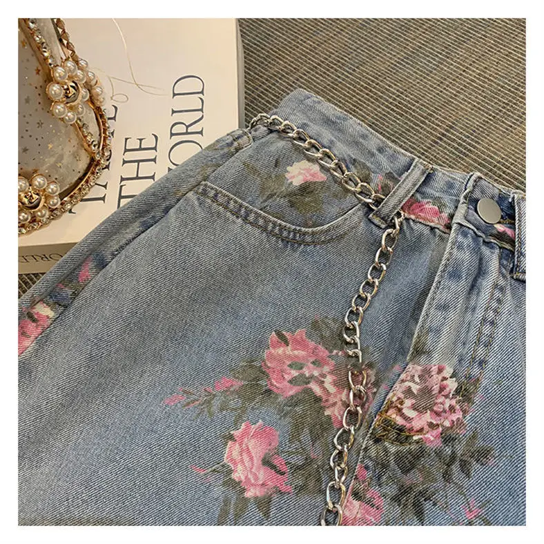 Streetwear Vintage Flowers Print Long Denim Skirts Summer 2021 High Waist Slim Sexy Open Split Straight Skirt Jeans Saias Female