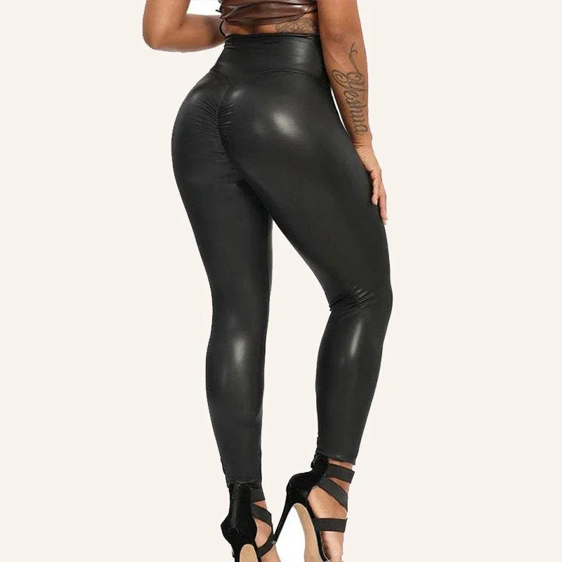 Women Faux Leather Yoga Leggings High Waist Stretch PU Bodycon Pencil Pants Sexy Crotch Shirring Wrap Hip Trousers Clubwear New