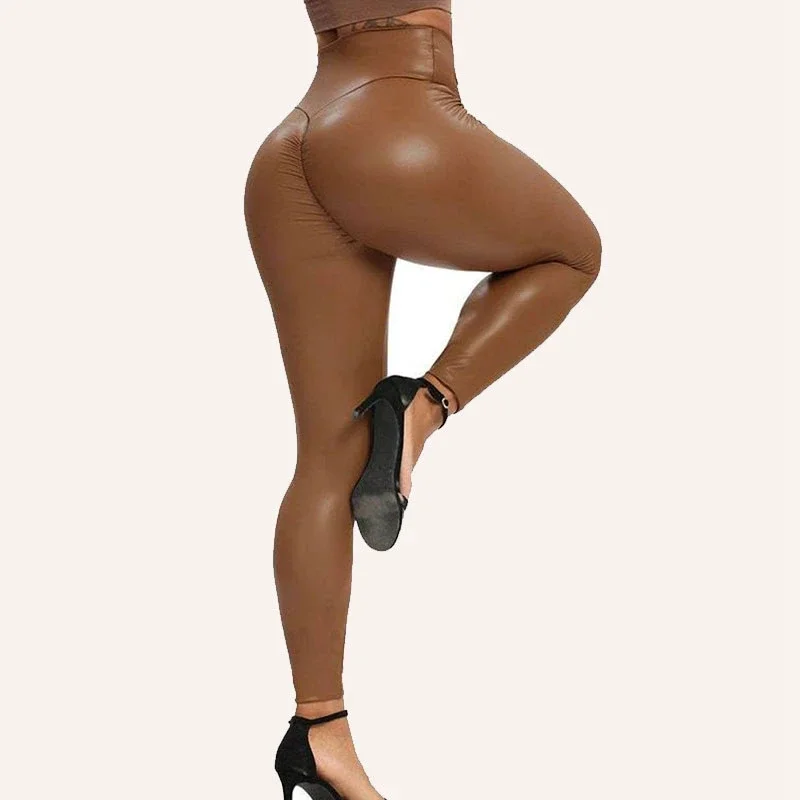 Women Faux Leather Yoga Leggings High Waist Stretch PU Bodycon Pencil Pants Sexy Crotch Shirring Wrap Hip Trousers Clubwear New