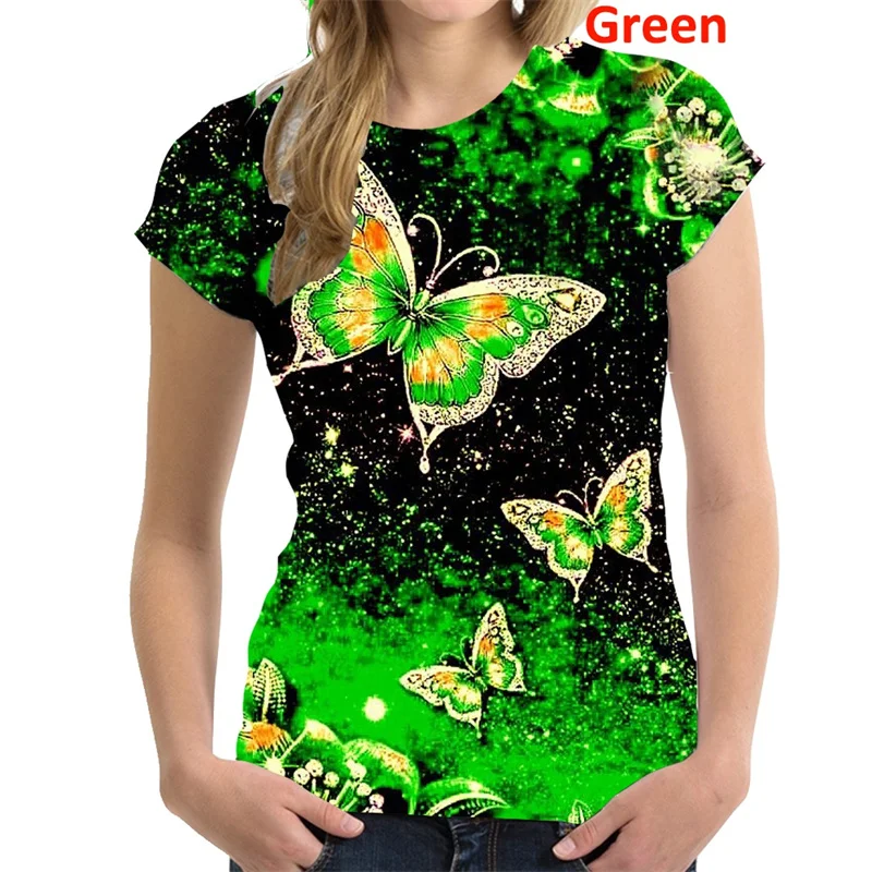 Butterfly Flower Pattern T-Shirt Women Colorful 3D Printed T Shirts Summer Casual Harajuku Loose Tops Short Sleeves O-Neck Tees