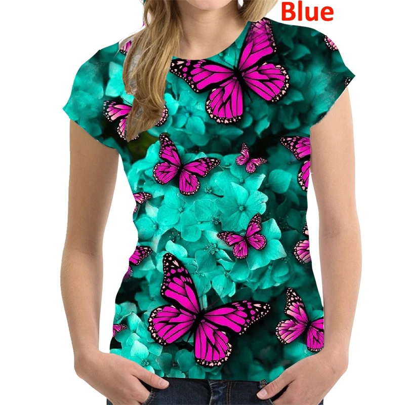 Butterfly Flower Pattern T-Shirt Women Colorful 3D Printed T Shirts Summer Casual Harajuku Loose Tops Short Sleeves O-Neck Tees