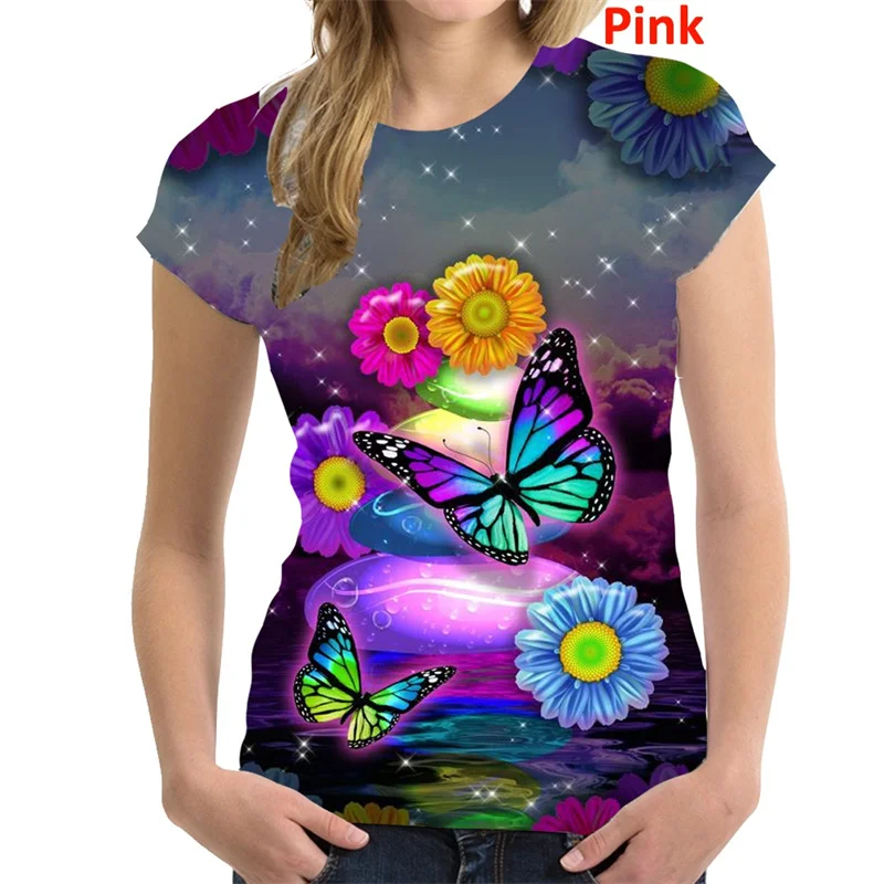 Butterfly Flower Pattern T-Shirt Women Colorful 3D Printed T Shirts Summer Casual Harajuku Loose Tops Short Sleeves O-Neck Tees