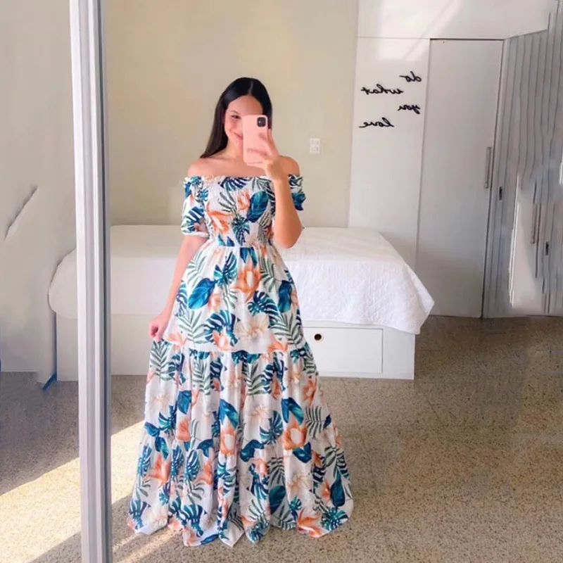 Woman Long Dresses for Flower Suspender Female Summer Party short Elegant Casual Boho Holiday Dress Girl Off Shoulder Lady Print