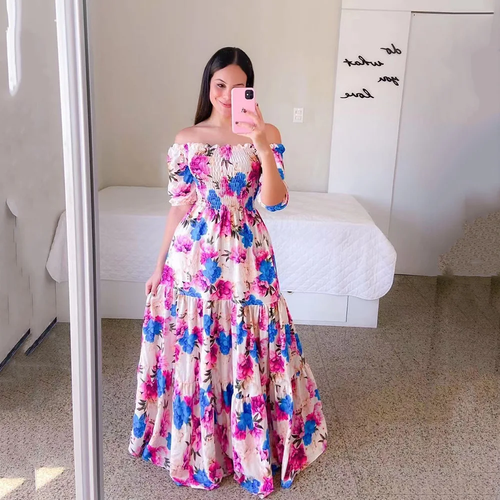 Woman Long Dresses for Flower Suspender Female Summer Party short Elegant Casual Boho Holiday Dress Girl Off Shoulder Lady Print