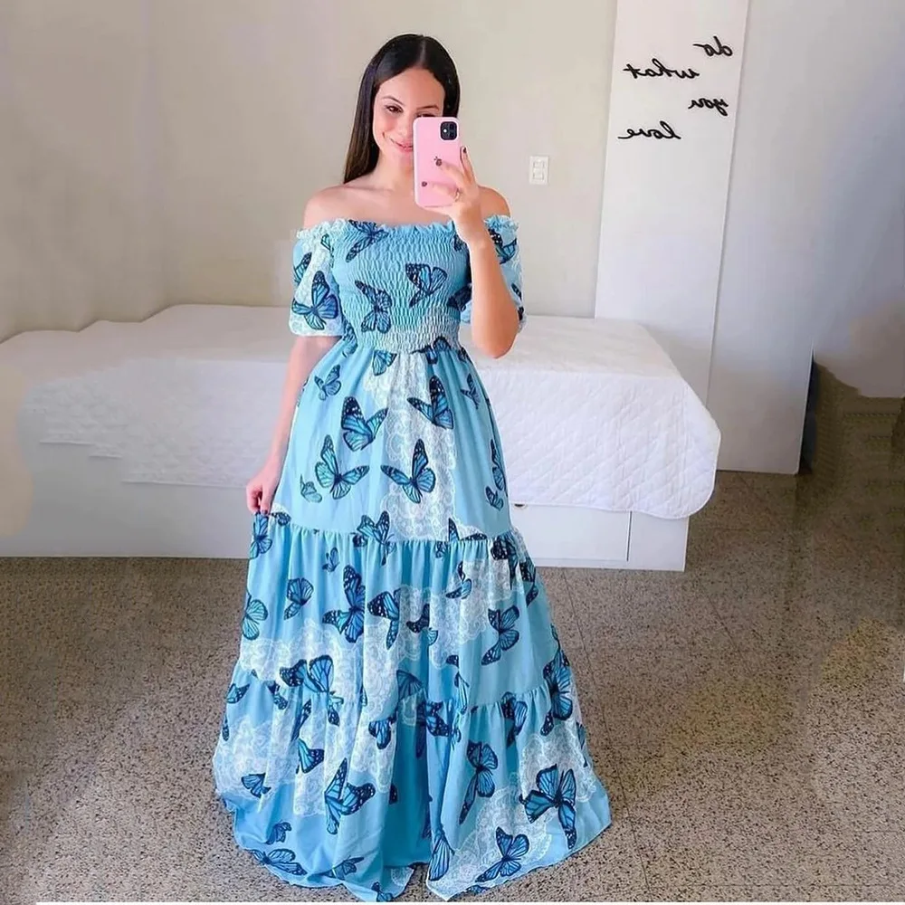 Woman Long Dresses for Flower Suspender Female Summer Party short Elegant Casual Boho Holiday Dress Girl Off Shoulder Lady Print